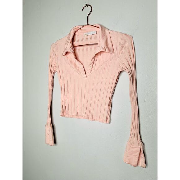 JONATHAN SIMKHAI Pink Val Rib Cropped Polo Long Sleeves Collared Shirt size XS - Picture 3 of 11